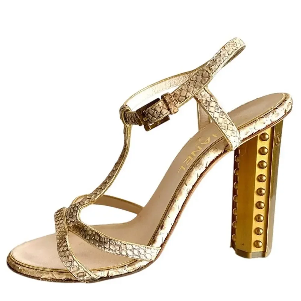 Chanel Python T-Strap Sandals 39.5 Gold Studded CC Column Heels Made in Italy